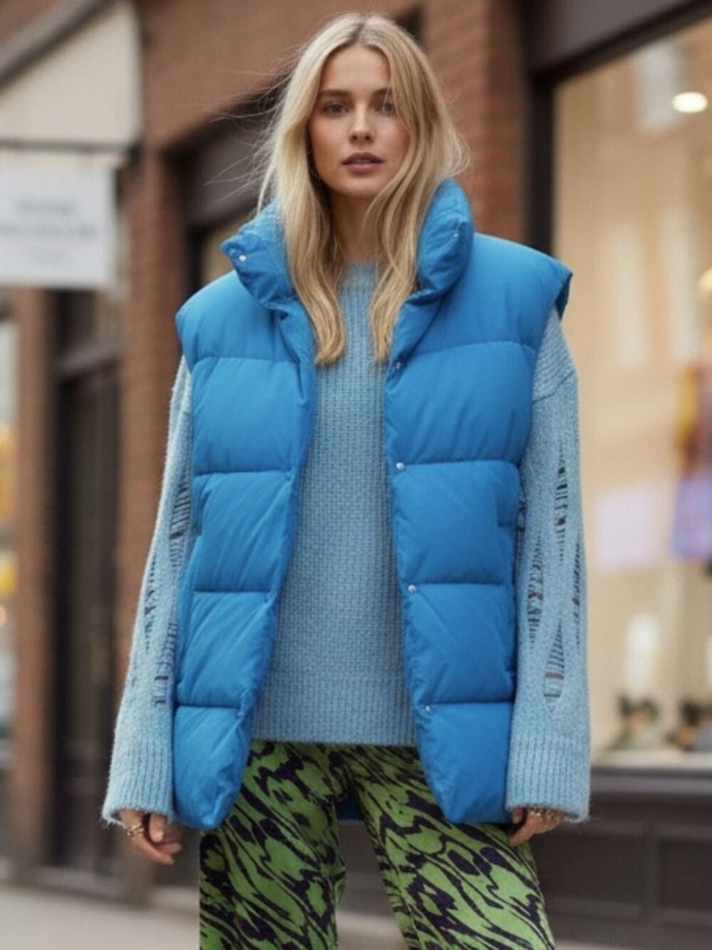 Zara Cobalt Blue Oversized Quilted Puffer Vest Size M/L Snap Button Street Style